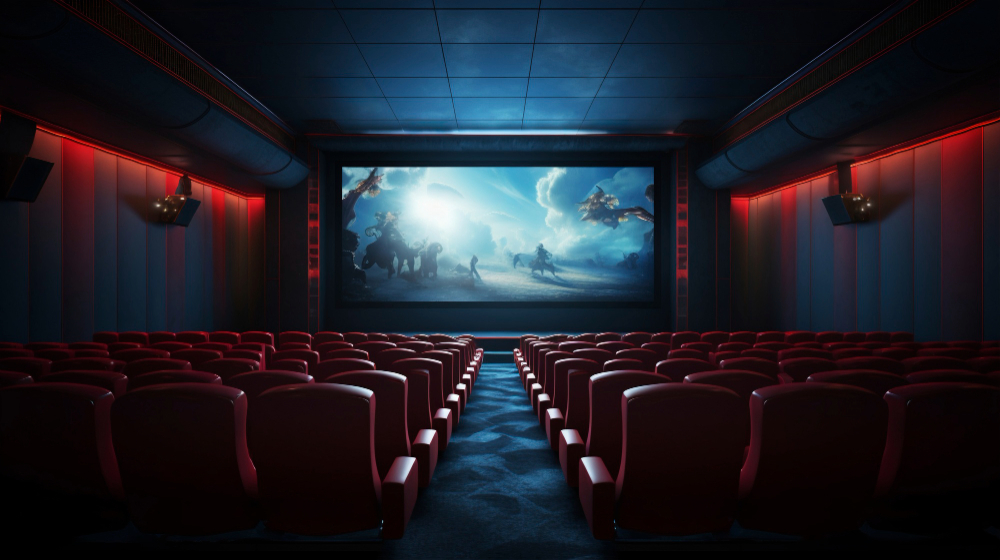 772267 - Cine Velasco - León Digital Empty cinema auditorium with red seats facing a large screen displaying a bright fantasy scene with dinosaurs in blue light.